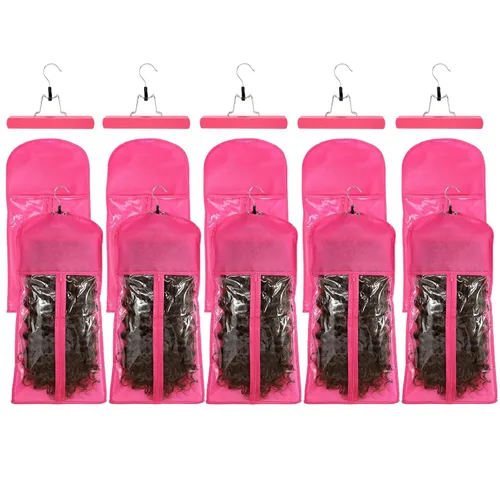 VARIPOWDER 10 bolsas de almacenamiento para pelucas con colgador de extensiones de cabello para múltiples pelucas, bolsa de pelucas a prueba de Rosa