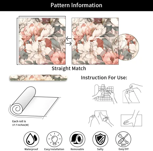 Miniatura 7 de Papel Tapiz Floral Vintage de Peonías Rosa Soñador/Blanco Despegar y Pegar Papel de Contacto Fácil de Despegar Papel Adhesivo Adherible para Pared
