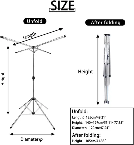 Miniatura 2 de BAOYOUNI Estante de secado de ropa plegable de acero inoxidable, soporte plegable para ropa, altura ajustable con rieles colgantes para balcón