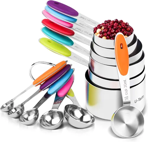 U-Taste, juego de 12 piezas de tazas y cucharas medidoras en acero inoxidable 18/8: 7 tazas medidoras y 5 cucharas medidoras Multicolores