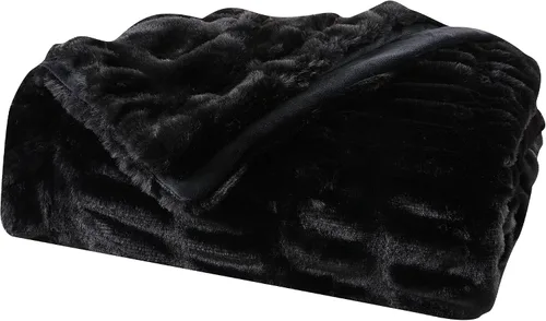 Great Bay Home Manta mullida de piel sintética fruncida, color negro, ultra suave, reversible, manta gruesa para silla, sofá o cama, manta cálida y