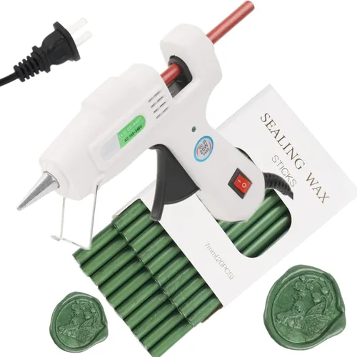 Juego de 20 varillas de sellado de cera con pistola de pegamento, ideal para invitaciones de boda, sobres, envoltura de regalos (verde pino)