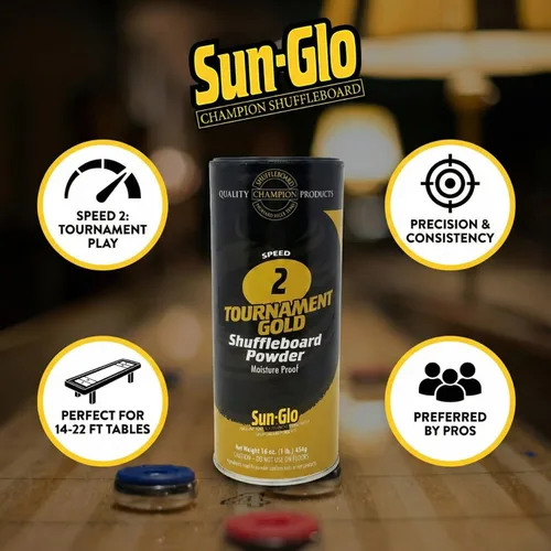 Miniatura 2 de Sun-Glo Speed 2 (Tournament Gold) - Cera en polvo para tejo – Velocidad rápida para juegos de liga competitiva y mesas de 16 a 22 pies – Lata