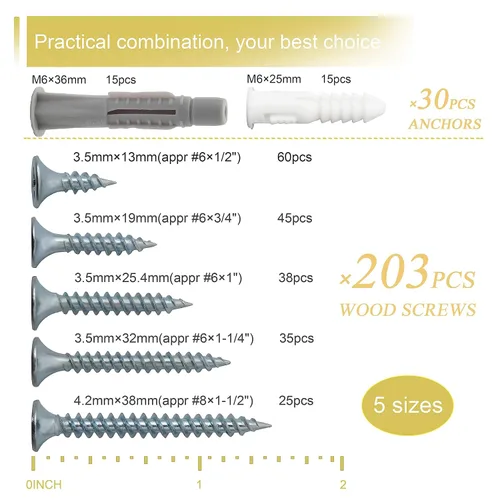 Miniatura 3 de JEGONFRI Kit surtido de tornillos de madera de alta dureza y anclajes de pared de plástico, 203 tornillos de cabeza plana Phillips de 1/2 a 1-1/2