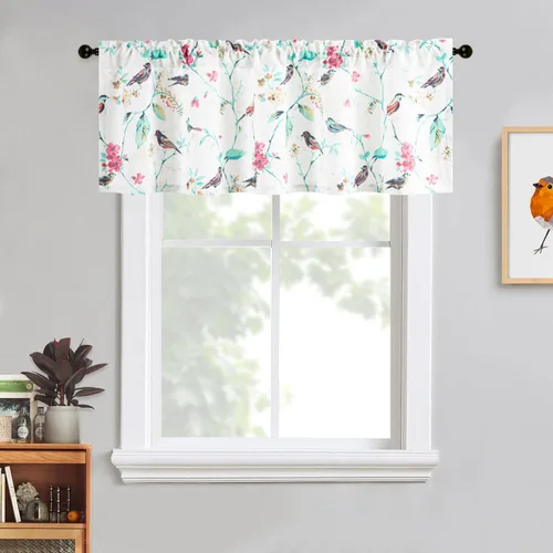 Miniatura 44 de VOGOL Cenefa de pájaro y bayas, decoración clásica de ventana de campo americano con estampado botánico, cortina de bolsillo para barra fácil