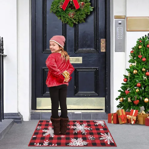 Miniatura 6 de CAROMIO Tapete Navideño para Puerta de Vacaciones Navideñas de Cuadros Buffalo, Tapete de Puerta de Invierno Navideño con Copos de Nieve a Cuadros