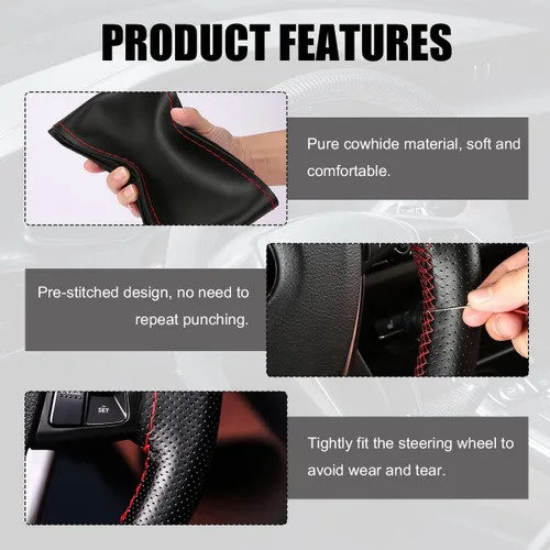 Miniatura 4 de Funda de Volante de Cuero Genuino, Envoltura con Costura para Volante de hasta Diámetro 15 Pulgadas, Protector de Volante de Costura DIY, Accesorios