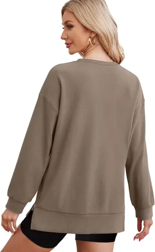 Miniatura 4 de WIHOLL Sudadera ligera de gran tamaño para mujer con cremallera lateral y cuello redondo suave, manga larga, moda 2024