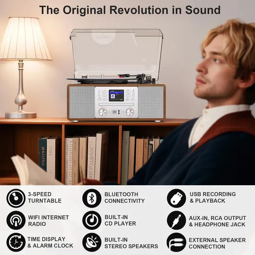 Miniatura 6 de 10 in 1 Record Player Multimedia with Speakers, CD Player, Bluetooth Receiver, Internet Radio, USB Recording, 3-Speed Turntable, Alarm Clock, Sleep
