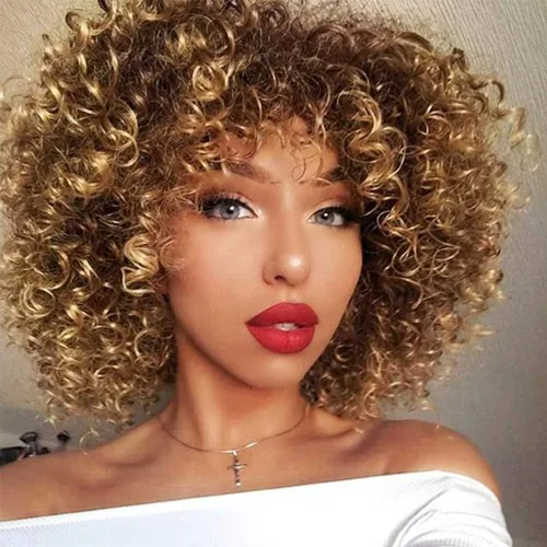 Miniatura 9 de rosmile Pelucas Rizadas para Mujeres Negras - Peluca Afro Completa de Cabello Sintético Africano Americano Negro Mezclado Castaño Oscuro Rizado