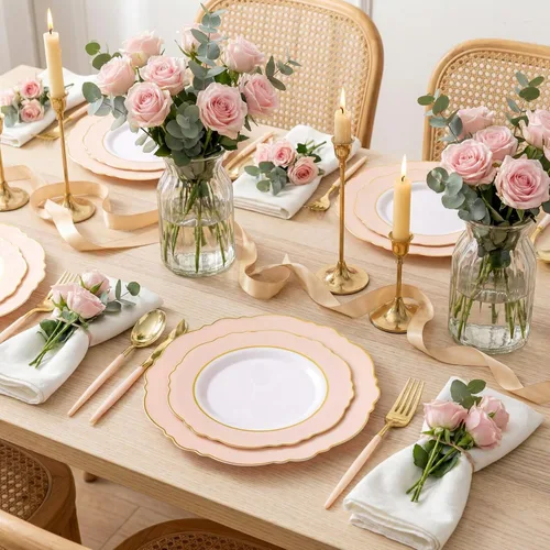 Miniatura 4 de WDF 30Guest - Platos de plástico rosa y cubiertos de plástico dorado con mango rosa, barroco rosa y dorado para bodas y fiestas de lujo, día