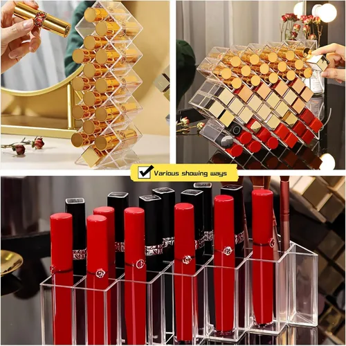 Miniatura 7 de Cedilis Paquete de 4 organizadores acrílicos para lápiz labial, organizador de almacenamiento de brillo de labios transparente con 64 ranuras