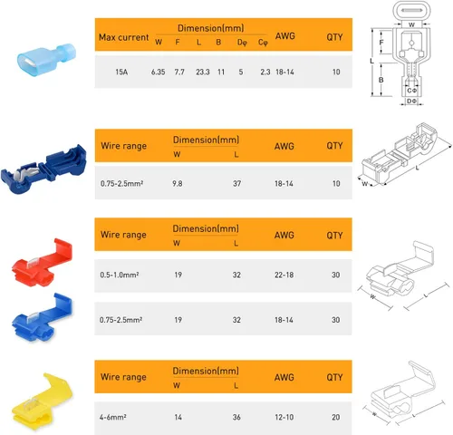 Miniatura 5 de Nilight Kit surtido de terminales aislados con grifo T y cable sin soldadura de empalme rápido, 100 unidades 22-18 18-14 12-10 AWG T Tap 100