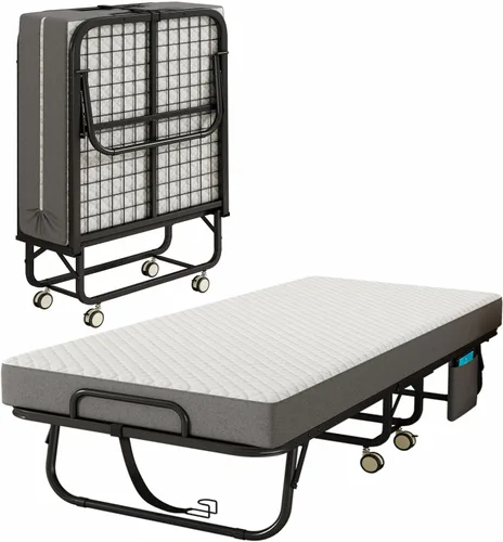 Cama plegable con colchón para adultos, 75" x 31" cama rodante portátil tamaño catre, cama plegable de invitados con marco de metal con colchón de