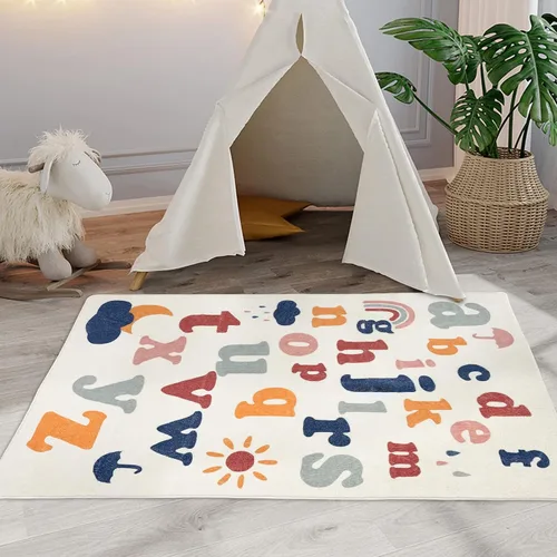 Miniatura 4 de ABREEZE Alfombra de juego para niños, alfombra mullida de lana sintética para niños, 3.3 x 5 pies, antideslizante, con número ABC, aprendizaje