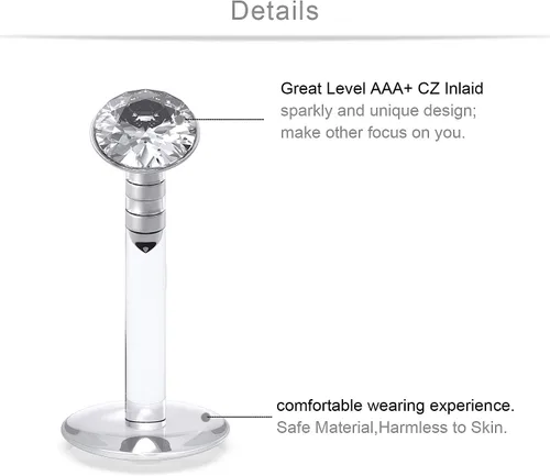 Miniatura 2 de SCERRING 16G - Anillos de labio de 0.079 pulgadas de circonita cúbica internamente roscada, labret Monroe, anillo de labio, tragus roook, hélice