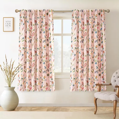 DriftAway Lauren Cortinas opacas rosa pálido para dormitorio con patrón de ramas de acuarela coloridas, forro con etiquetas traseras, aisladas