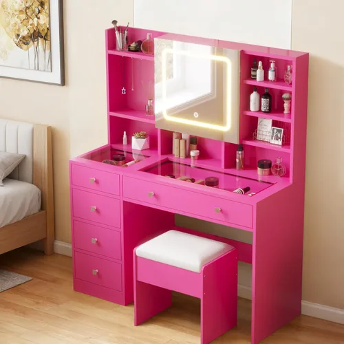 Karl home Tocador de maquillaje con espejo iluminado, escritorio para dormitorio con estación de carga, juego de tocador grande con escritorio