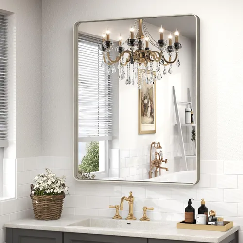 Miniatura 94 de Paquete de 2 espejos de baño con marco de metal negro de 22 x 30 pulgadas, espejo rectangular redondeado negro mate, antioxidante, se cuelga