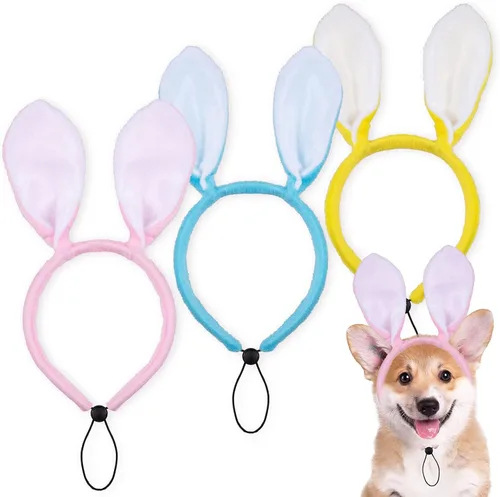 Whaline Paquete de 3 diademas de conejo de Pascua para perro, conejo, orejas de caramelo, banda ajustable para el pelo para mascotas, accesorios de