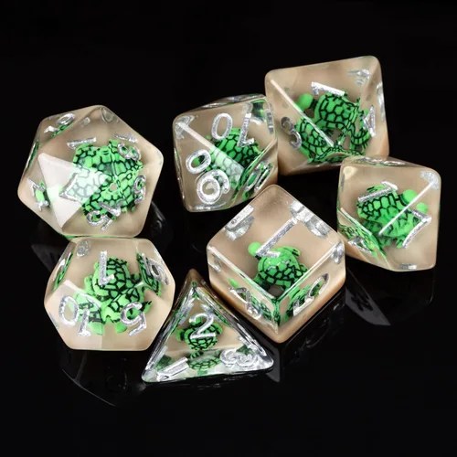Miniatura 7 de Cusdie Dados DND de 7 troqueles, juego de dados poliédricos rellenos de animales, para juegos de rol, dados D&D (tortuga verde)