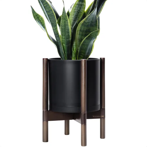 Miniatura 11 de Maceta de D'vine Dev con soporte - Maceta de flores de cilindro de plástico de 8.0 pulgadas con soporte de madera para interiores, maceta mate negra