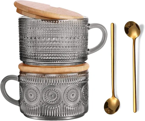 Tazas de café de vidrio vintage, juego de 2 tazas de té de cristal en relieve de 14 onzas para desayuno, postre, capuchino, latte, cereales, yogur,