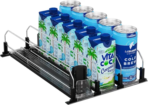 Puricon Organizador de bebidas para nevera con empujador deslizante, dispensador de bebidas para nevera con resorte, organizador de latas de soda