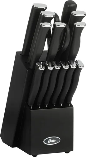 Oster Langmore - Juego de 15 piezas de cuchillos de acero inoxidable con mangos negros – Juego completo de cuchillería de cocina en caja de