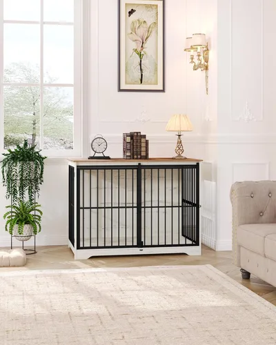 Miniatura 8 de Hzuaneri XXL Mueble de jaula grande para perros, mueble de perrera de interior de 46.9" con puerta de granero, jaula alta de madera para perros