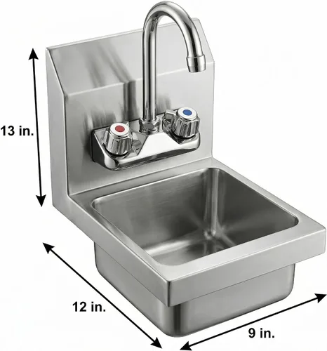 Miniatura 3 de Fregadero de mano comercial de montaje en pared de 12 pulgadas x 9 pulgadas x 13 pulgadas. Fregadero de acero inoxidable que ahorra espacio