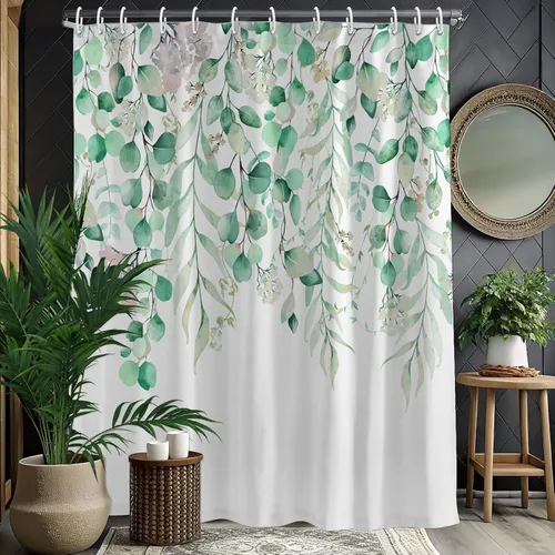 Miniatura 8 de KAIRA Cortina de ducha de eucalipto negro con diseño clásico y moderno, hojas de plantas de acuarela con diseño floral, decoración de baño, 72 x 72