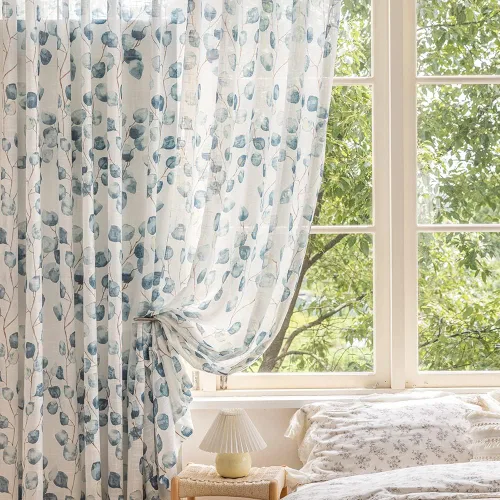 Miniatura 9 de SUOUO Cortinas blancas semitransparentes con hojas azules para dormitorio, comedor, sala de estar, lino texturizado de 84 pulgadas de largo