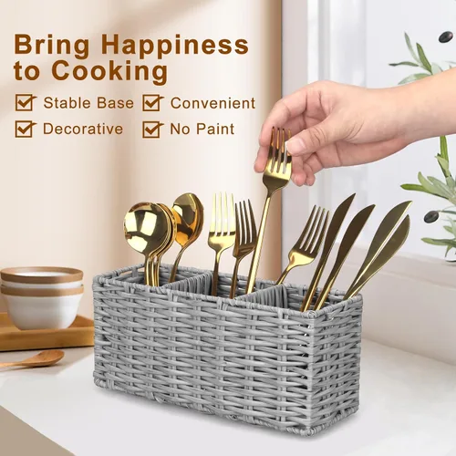 Miniatura 2 de Ayiaren Organizador de cubiertos de plástico gris para cubiertos, organizador de utensilios pequeños para encimera de cocina, fiesta, cubiertos