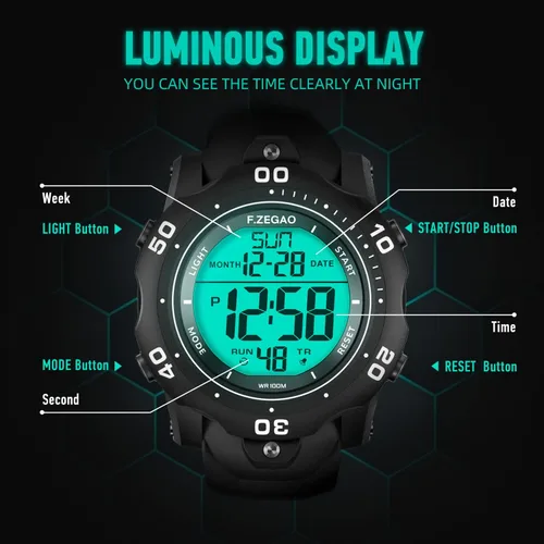 Miniatura 4 de F.ZEGAO Men Digital Sports Watch, 100M Diving Grade Waterproof Watch with Stopwatch Countdown Timer Alarm Function Dual Time Silicone Strap Wrist