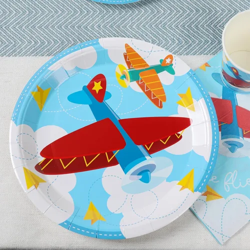 Miniatura 3 de Decoraciones de fiesta de cumpleaños de avión (sirve 24) platos llanos, platos de postre, vasos, servilletas. Cómo vuela el tiempo para baby shower
