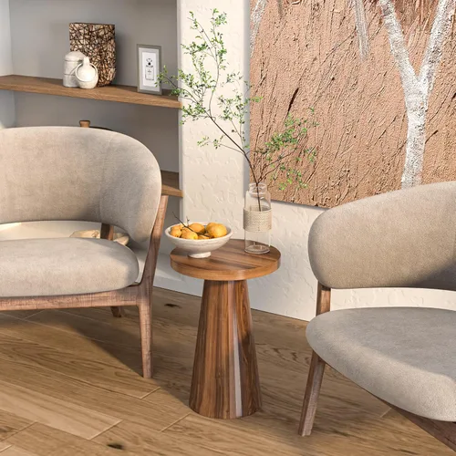 Miniatura 5 de Mesa auxiliar redonda acanalada, pedestal pequeña para sala de estar, mesita de noche moderna de mediados de siglo, mesitas de noche de madera