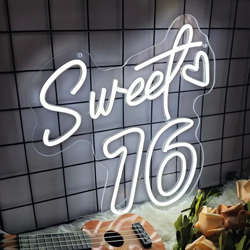 Miniatura 3 de Decoraciones de neón para fiestas de 16 años con texto en inglés «Sweet 16», decoración de cumpleaños para niñas, brillo vibrante para fiestas