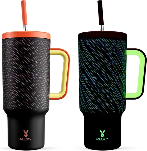 Miniatura 12 de Meoky Vaso de 40 onzas que brilla en la oscuridad con asa y popote, vaso con tapa y pajita, vaso aislado de acero inoxidable para viaje, 100% a
