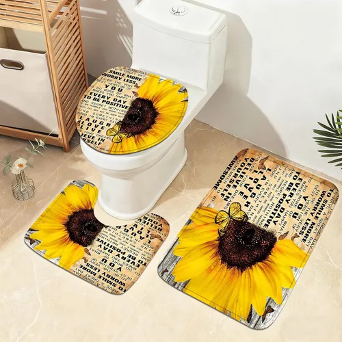 Miniatura 3 de AZHM Juego de 4 piezas de cortinas de ducha con alfombras Juego de baño de girasol decoración citas inspiradoras cortinas de baño juego de ducha