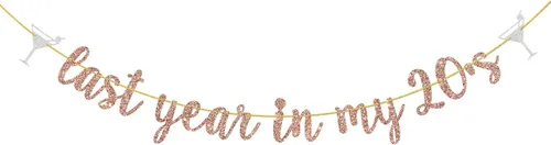 Cartel de feliz cumpleaños número 29 y 30 años con purpurina de oro rosa con purpurina del año pasado en mis 20, divertida decoración de fiesta de