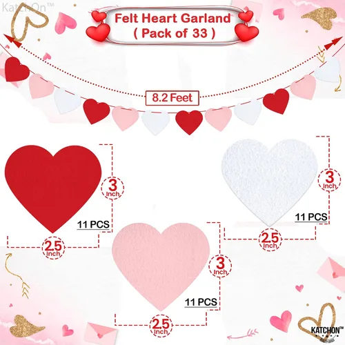 Miniatura 4 de KatchOn Guirnalda y pancarta de corazón de fieltro - 18 pies, rojo y blanco, decoración del día de los galentinos felices