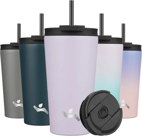 Miniatura 29 de Konokyo Vaso aislado de 18 onzas con tapa y 2 pajillas, botella de agua de acero inoxidable, taza de viaje al vacío, taza de café, color blanco ángel