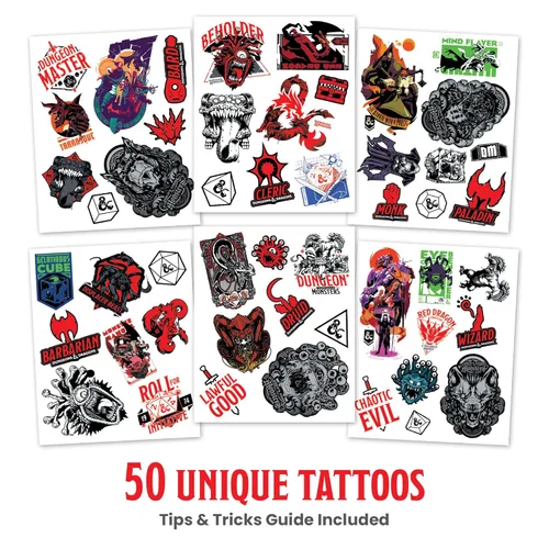 Miniatura 2 de Savvi - 50 tatuajes temporales de Dungeons & Dragons: Tinta segura para la piel, ideal para fiestas de cumpleaños y noches de juegos, niños y niñas