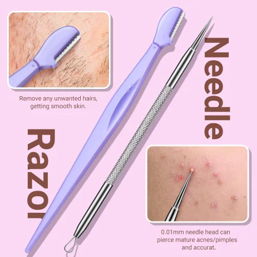 Miniatura 6 de TsMADDTs Herramientas removedoras de puntos negros y pinzas de pelo encarnado, kit de herramientas de 9 piezas, kit de eliminación de vello Púrpura