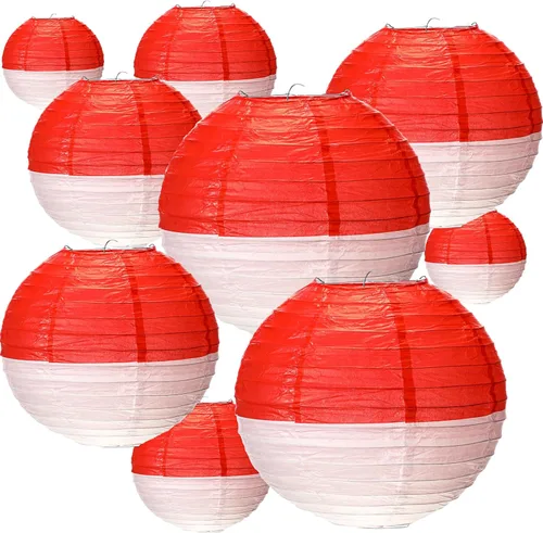 Honoson 9 linternas de papel decorativas colgantes redondas de 8 pulgadas, 10 pulgadas, 12 pulgadas, lámparas de bola rojas y blancas para fiesta