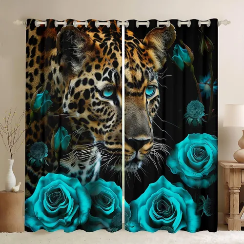 Miniatura 11 de Erosebridal Cortinas de Rosas Rojas 3D Tratamientos para Ventanas de Guepardo, Paneles de Cortinas con Estampado de Gato Leopardo para Sala