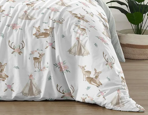 Miniatura 6 de Sweet Jojo Designs Juego de edredón individual de 2 piezas (flores de ciervos del bosque) para niñas, niños, ropa de cama para niños, cama en una