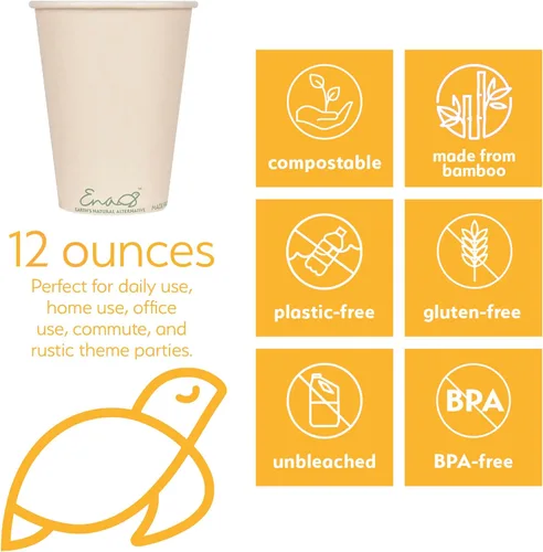Miniatura 3 de Tazas de café desechables 100% compostables (paquete de 80 unidades de 12 onzas), tazas de papel hechas de bambú, ecológicas, biodegradables de alta