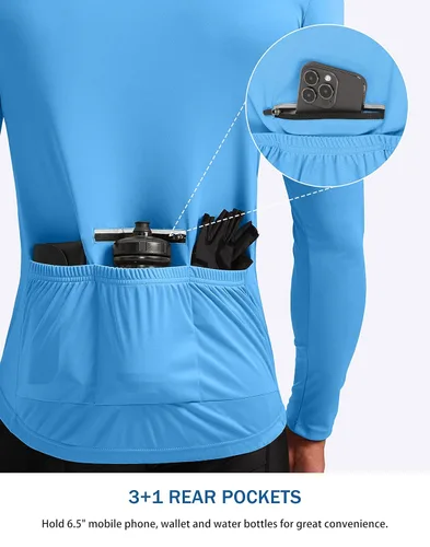 Miniatura 3 de Bikewa Maillot de ciclismo para hombre con 3+1 bolsillos traseros con cremallera, manga larga, absorción de humedad, UPF 50+ media cremallera
